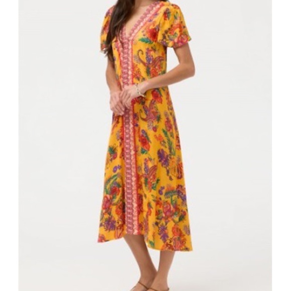 Johnny Was Yellow Floral Midi Dress with Embroidery Trim. M. NWT.